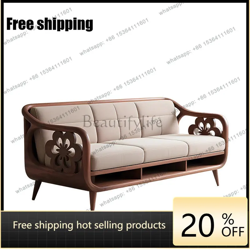 YJ neues chinesisches dreisitziges, schlicht geschnitztes Massivholz-Sofa aus schwarzem Walnussholz mit Stoffbezug für den Wohnbereich.