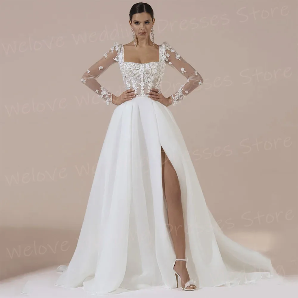 Vestidos De Novia sexis De línea A para mujer, Apliques De encaje con cuello cuadrado, Vestidos De Novia elegantes De manga larga divididos, Vestidos De Novia Boda