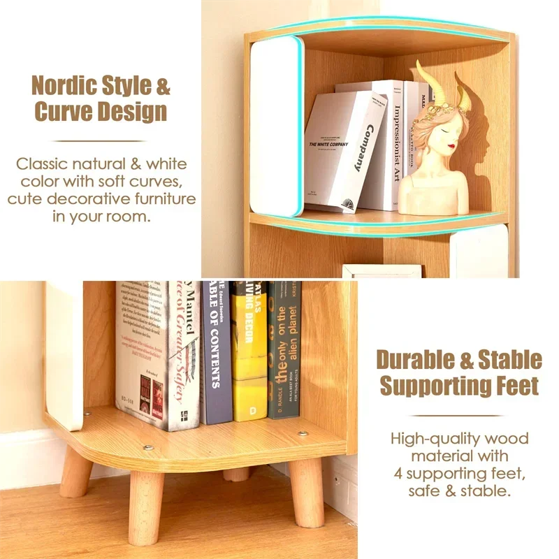 Wood Corner Bookshelf, Nordic Style Modern Book Shelf Sturdy Standing Bookcase for Living Room/Bedroom/Office