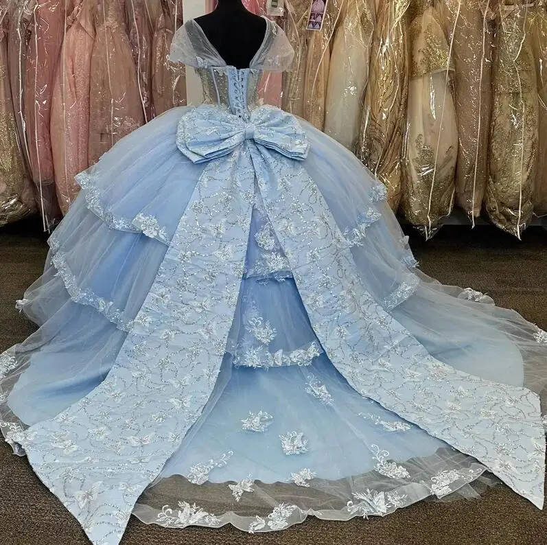 Vestidos de quinceañera azul claro, vestido de baile, fiesta de cumpleaños, vestido de graduación con cordones, cuentas con lazo, Quinceañera de 15 años