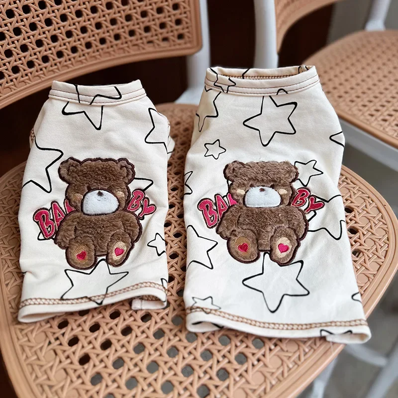 Cute Pet Clothes Autumn Bear Star Embroidery Home Vest Pet Pajama Dog Shirt Cat Vest Universal with Traction Puppy Clothing