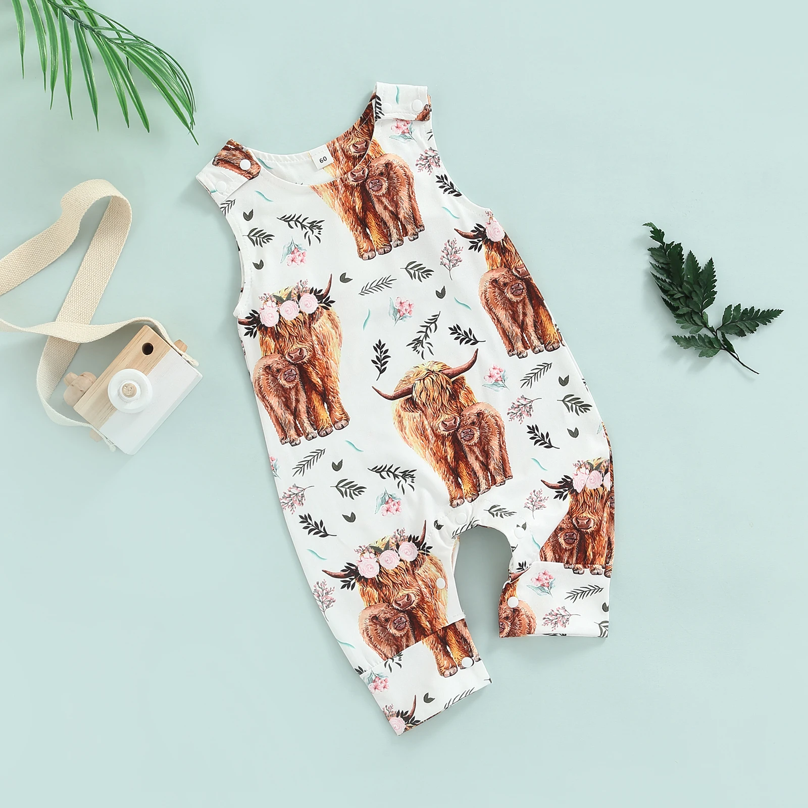 

Baby Girls Jumpsuit Sleeveless Crew Neck Cow Flower Print Summer Romper for Casual