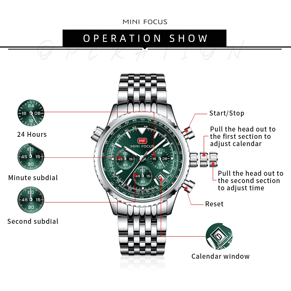 MINI FOCUS Multifunctional Fashion Business Quartz  Mens Watches Waterproof Chronograph Wrist Watch with Luminous Hands 0463G