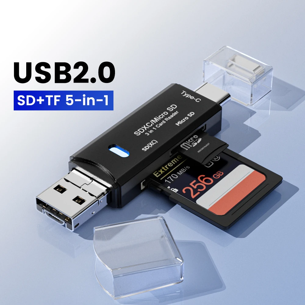 5-in-1 TYPE-C External Storage Black USB 2.0 Mini Memory Card Multifunction Card Reader Stretch for Memory Stick Card Reader