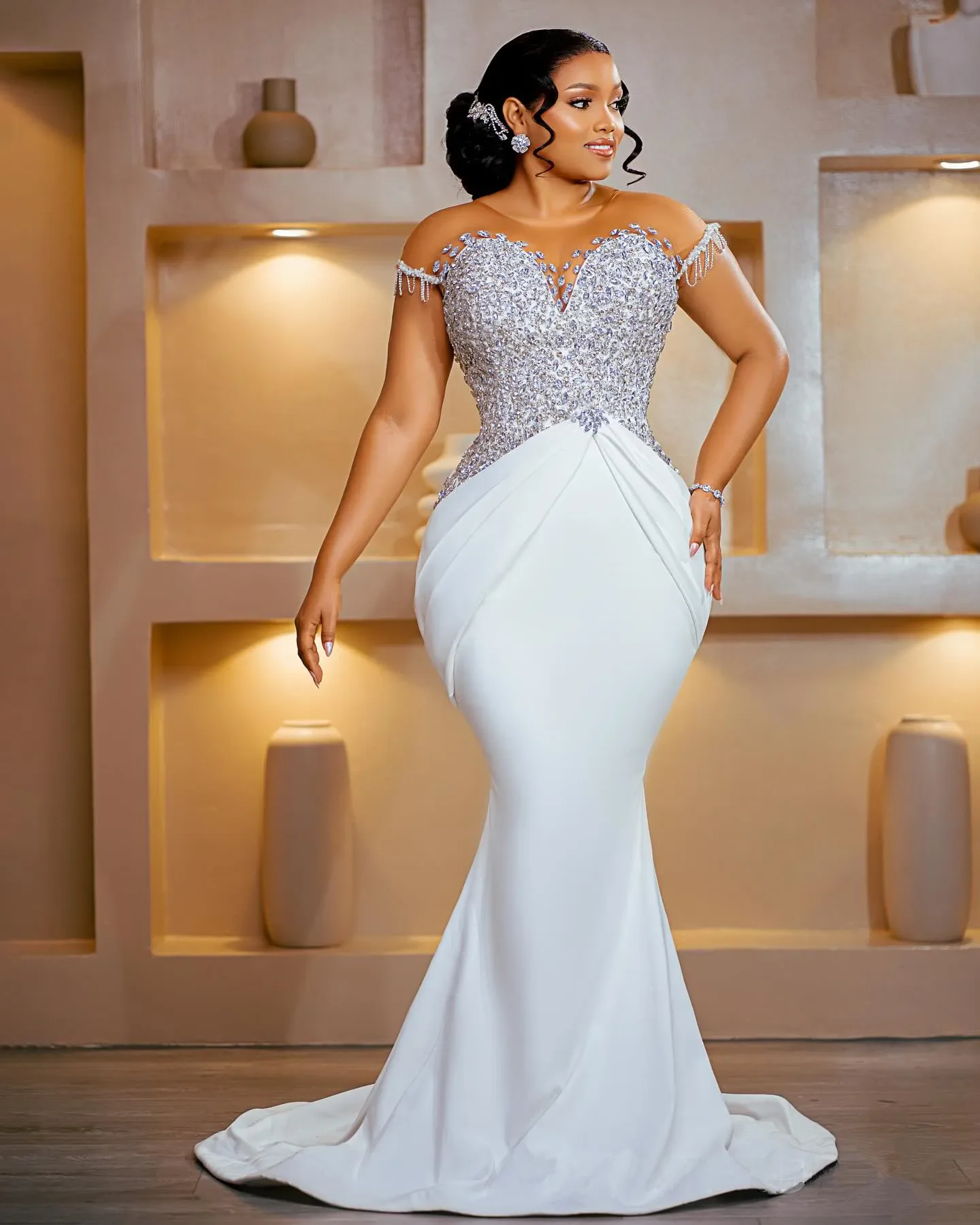 Customized Plus Size Wedding Dresses For Bride Detachable Train Mermaid Ball Gown Sheer Neck Short Sleeves Beaded Bridal Gowns