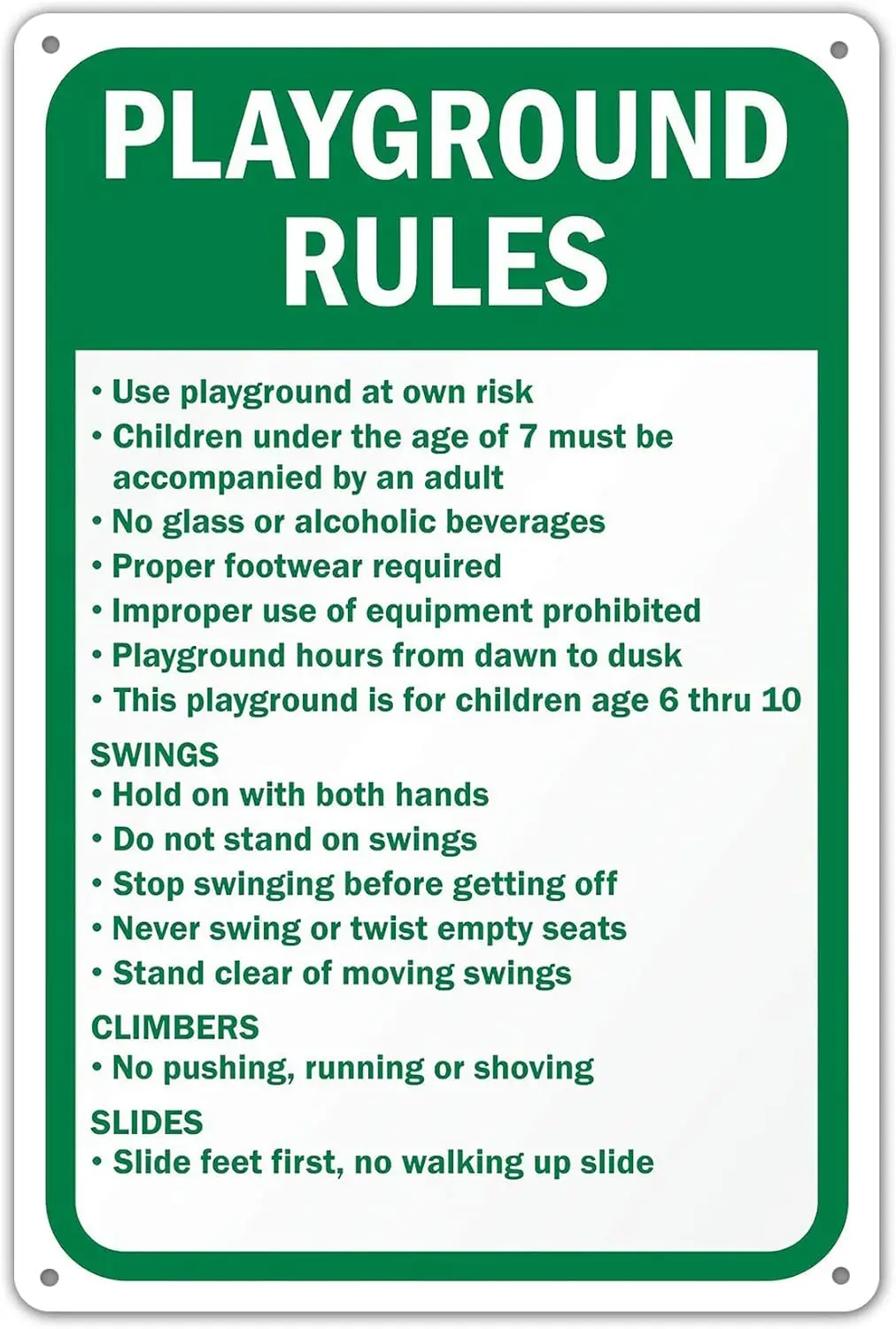 Playground Rules Safety Sign Tin Signs Caution Warning Sign Outdoor 8x12 sign