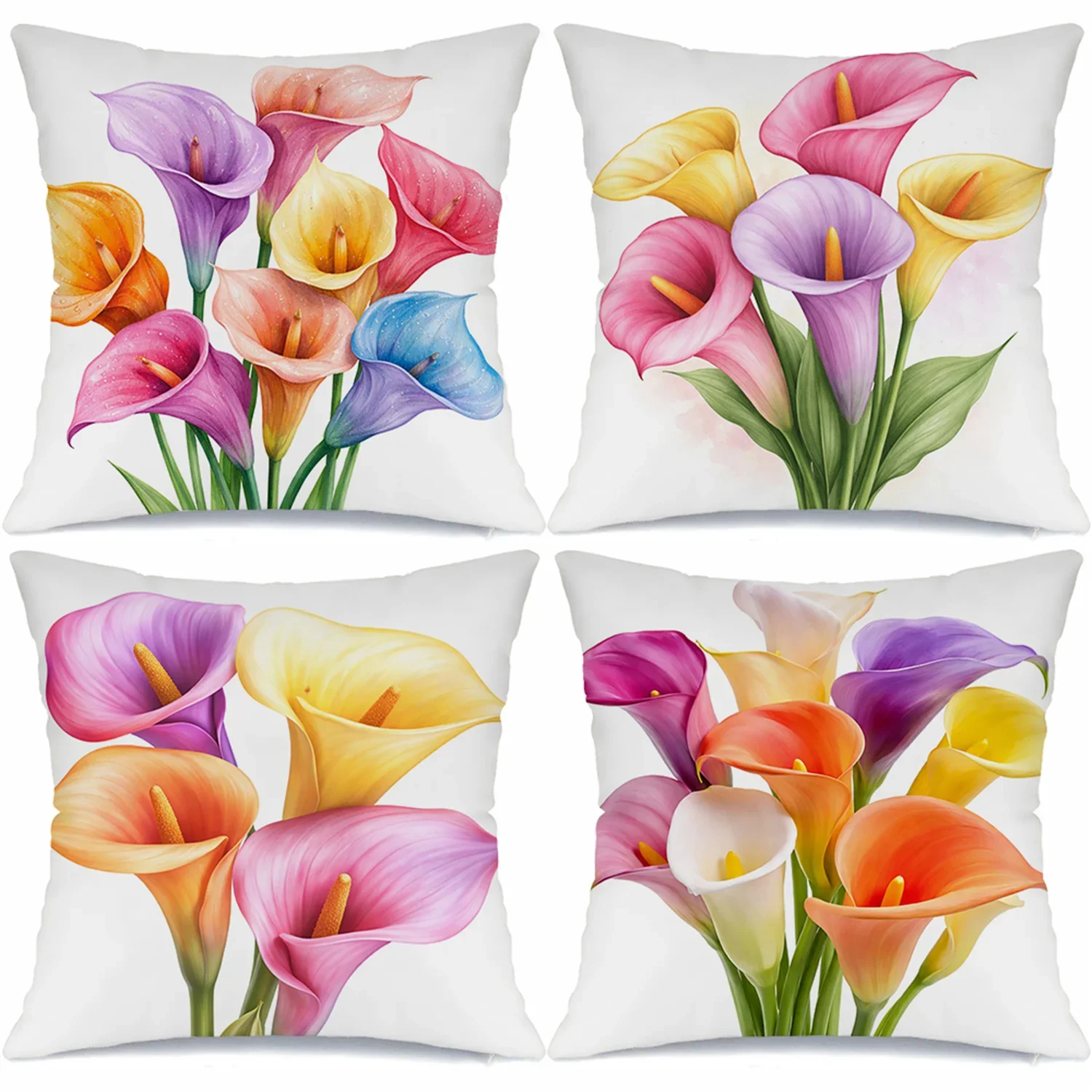 Set of Four Vibrant Floral Print Throw Pillow Covers - Bouquet of Colorful Lilies for Home Decor