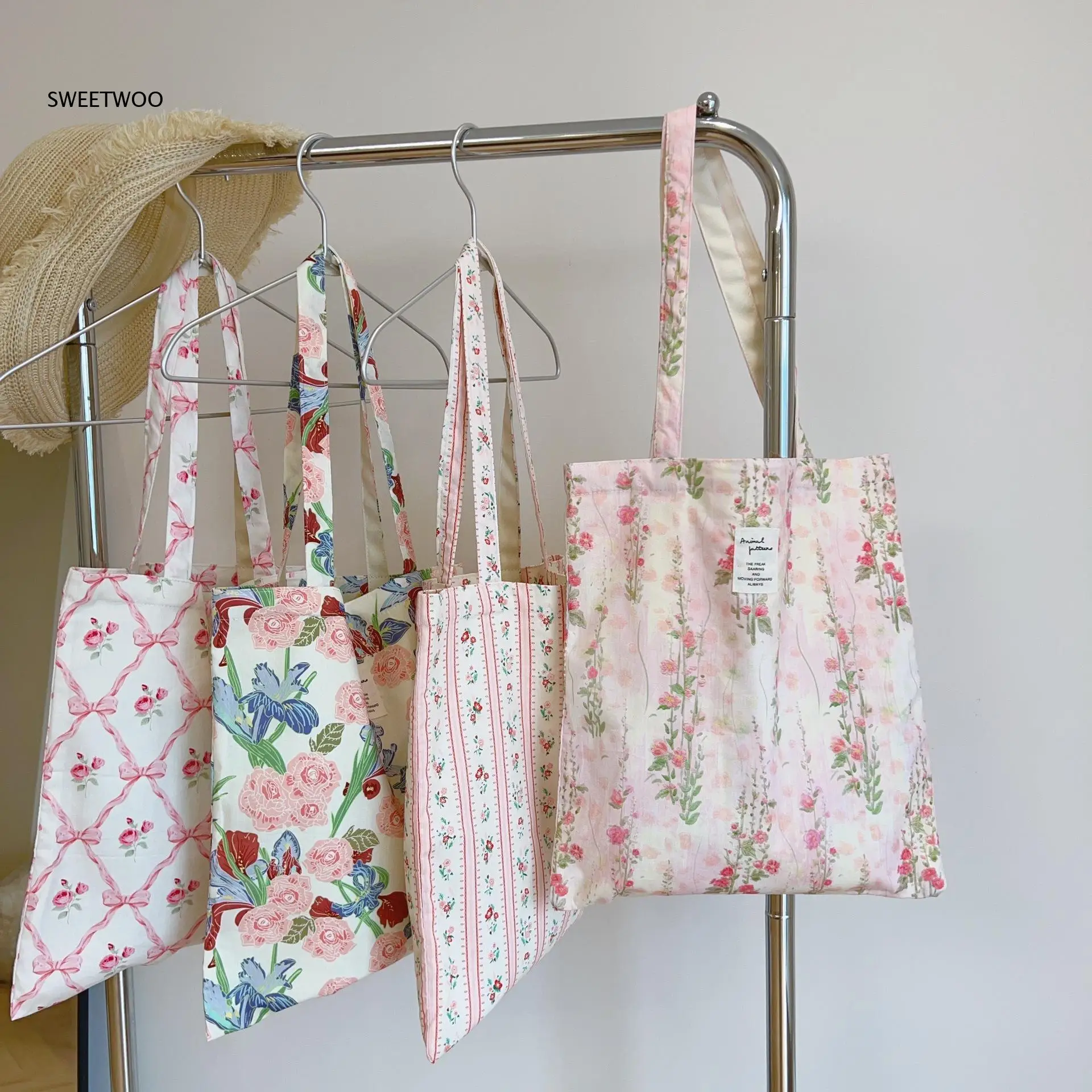 2026 Pastel Pink Flower Vine Pattern Light Linen Tote Bag Multi Print Option Outdoor Picnic Casual Commute Shoulder Hand Bag
