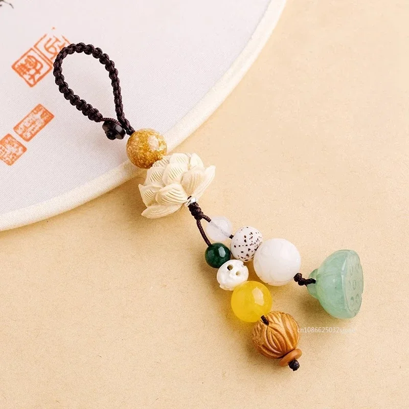 

Hand Carved Bodhi Lotus Keychain Pendant - Buddhist Phone Ring Charm, Vintage Chinese Style Dual Use Gifts