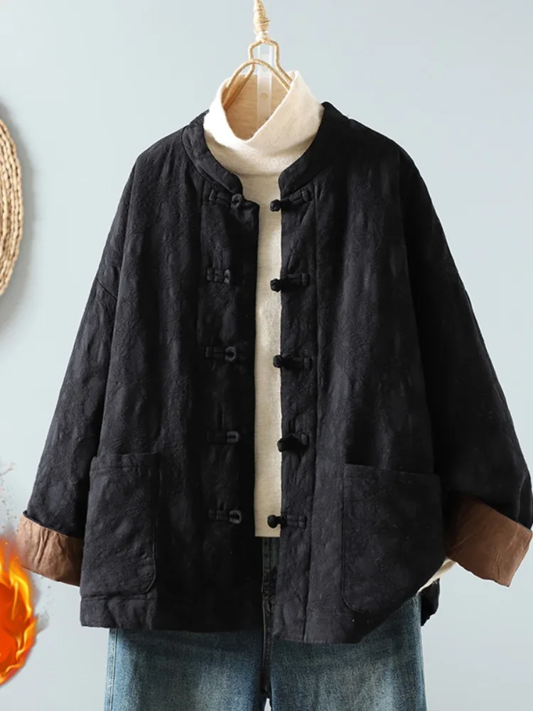 

Retro Zen Sle Button up Cotton Jaet ort Outerwear Women's Winter Cotton Liner Thiened Cotton Linen Embroidered Loose ...