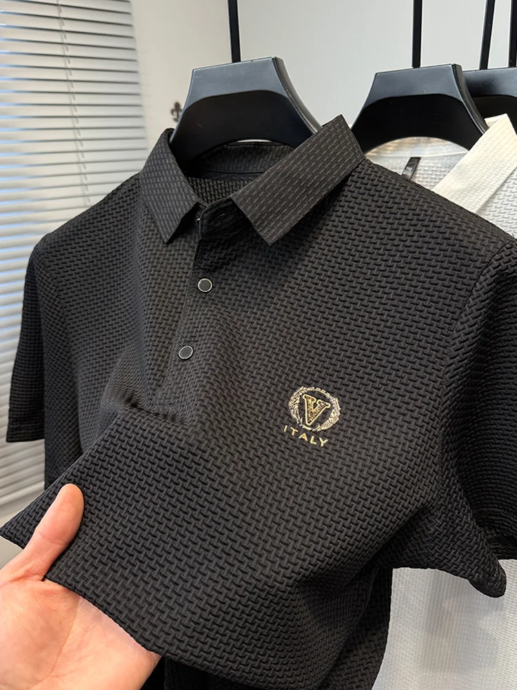 مصمم الراقية العلامة التجارية قصيرة الأكمام قميص بولو الرجال الصيف عالية الجودة الحرير الجليد مريحة للتنفس عارضة التلبيب تي شيرت #5