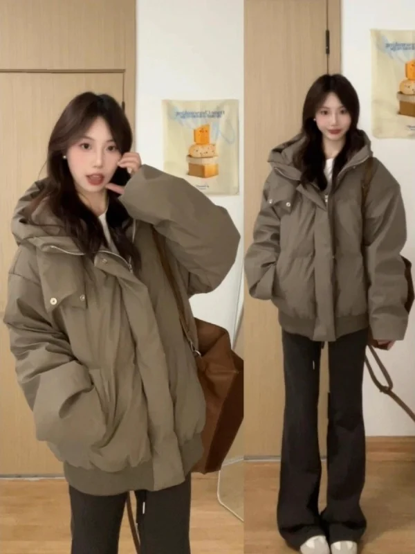 

Korean Sle Coffee Color Hooded Women's Cotton Jaet American Retro Winter Coat Loose Fit Long Sve Zipper round Ne