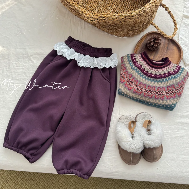 

2025 Winter New Children Fleece Sweatpants Cotton Kids Casual Pants Plus Velvet Thick Girls Warm Lace Trousers Baby Clothes