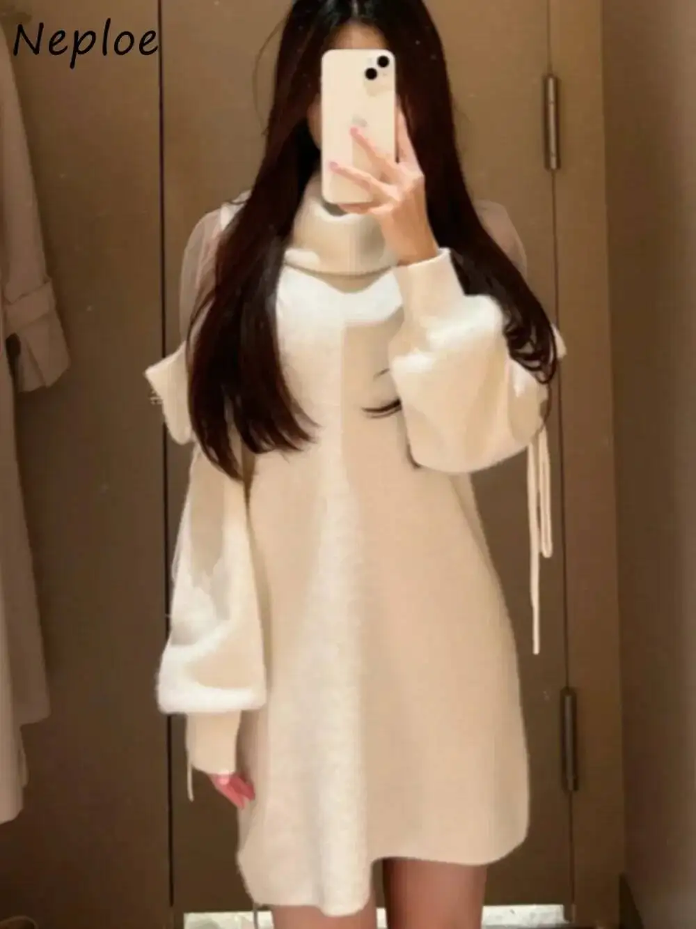 

Женственная водолазка с рукавами-фонариками, вязаное платье на шнуровке с открытыми плечами, элегантное офисное женское платье, японская вуаль, повседневный халат