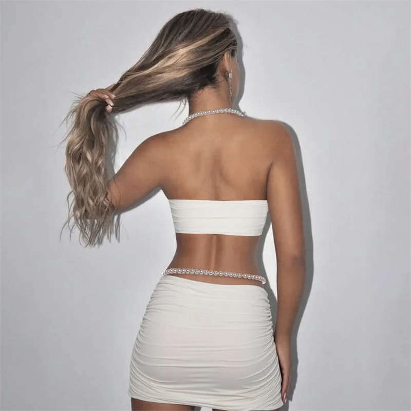Parels witte galajurk 2-delige rokset sexy mouwloze top bh + korte mini strandvakantie bruiloft gast gewaden feest bruidsjurk