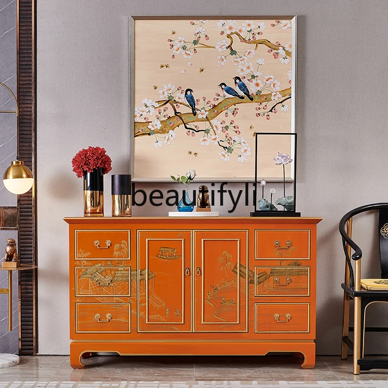 French retro orange green modern light luxury Chinese art dining side cabinet against the wall Xuanguantai living room locker