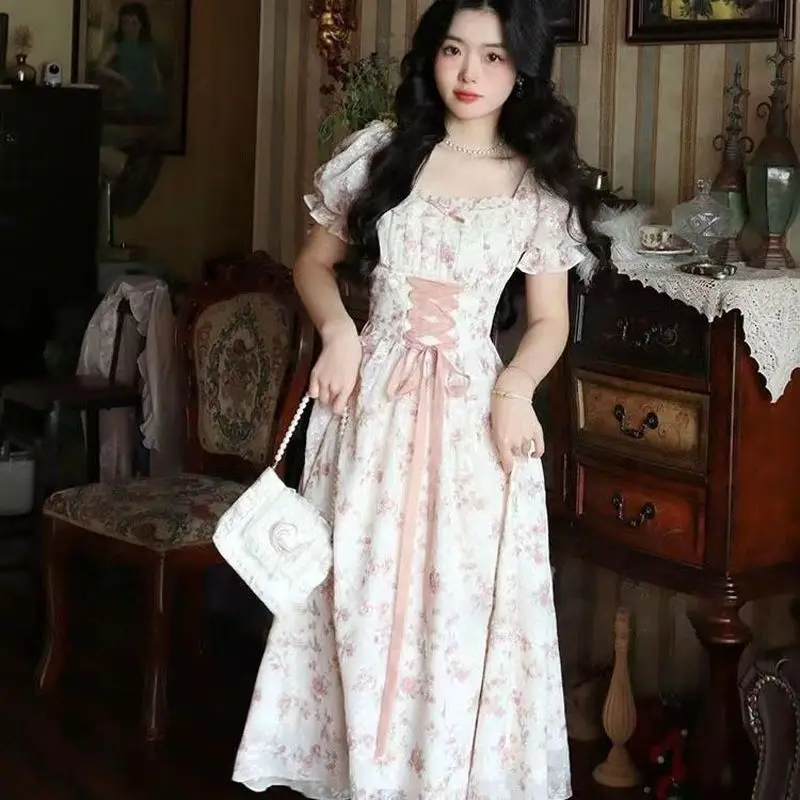 2025 letnia koronkowa koreańska sukienka wróżki kobiety kwadratowy kołnierzyk księżniczka Kawaii kwiatowy Midi sukienka damska bandaż słodkie sukienki moda
