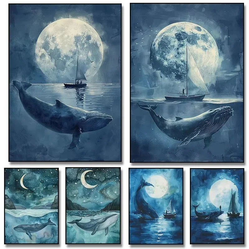 Blue Whale Moon Star Sailboat Sea Ocean Canvas Painting Wall Art  Landscape Sailboat Ocean Poster and Print Picture Home Decor