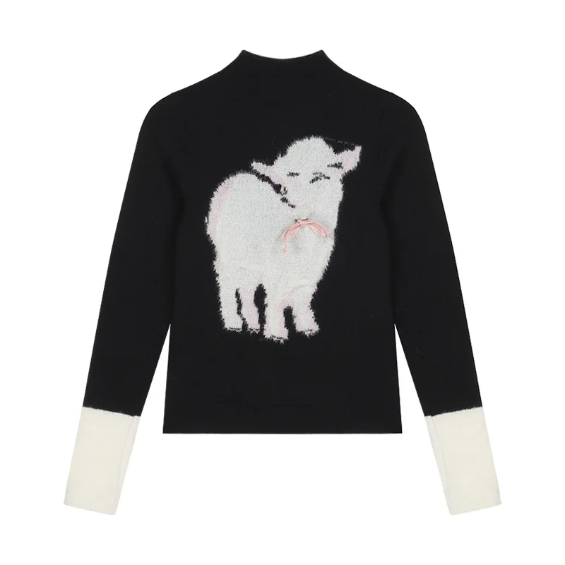 Half High Necked Sweater for Women Lamb Embroidered Sweater Autumn Fashion Slim Pullover Streetwear