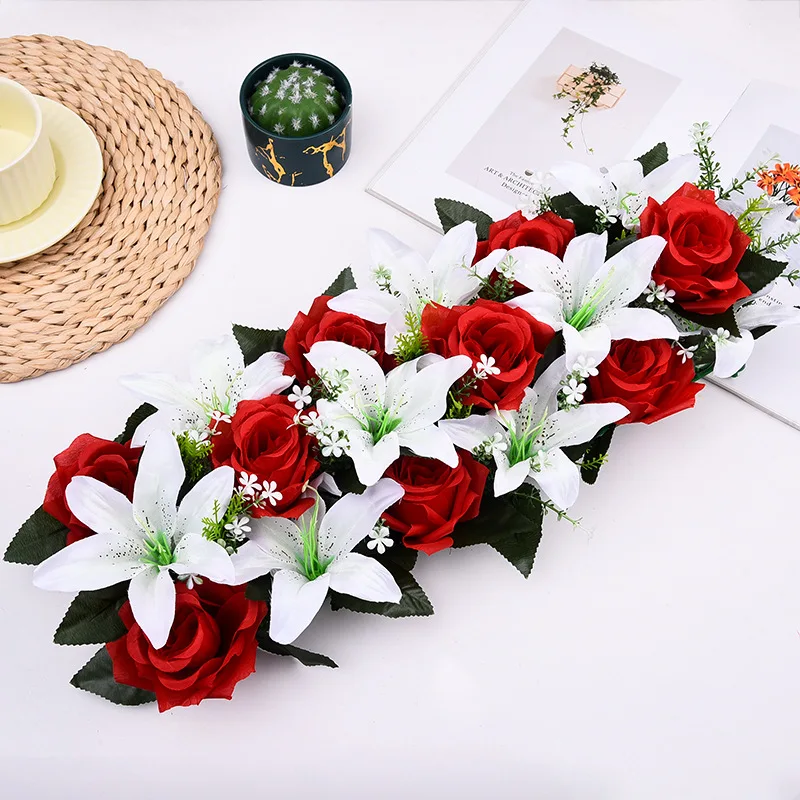 Künstliche Blumenreihe, luxuriöse weiße rote Rose für Hochzeit, Tischdekoration, Blumen, Hintergrund, Wandbögen, Dekor, Party, Bühne, Blumen – Detail 5