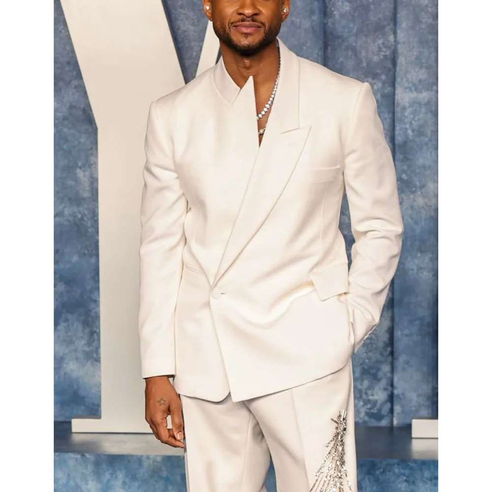 

Gentle White Asymmetrical Collar Beaded Men Suits 2 pieces (Jacket+Pants) Shopping Evening Party Sets Formal Banquet Suits