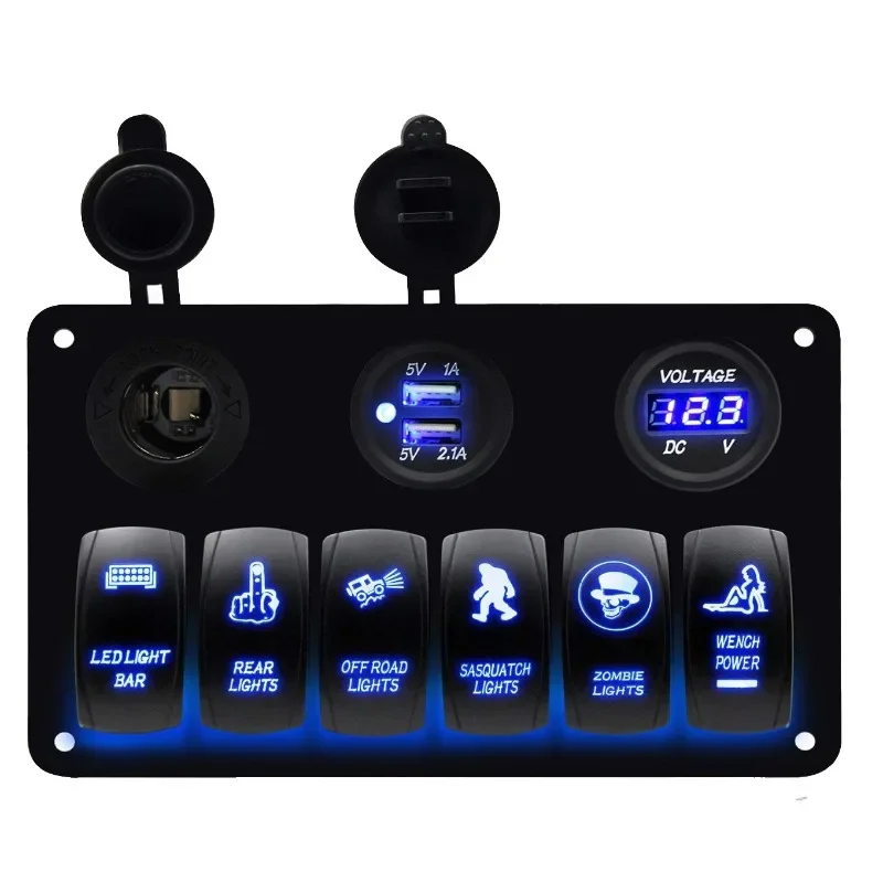 لوحة مفاتيح 6 عصابة مع شاحن USB مزدوج ومقياس جهد، ومفاتيح تشغيل/إيقاف 5 دبابيس للاستخدام التلقائي/RV