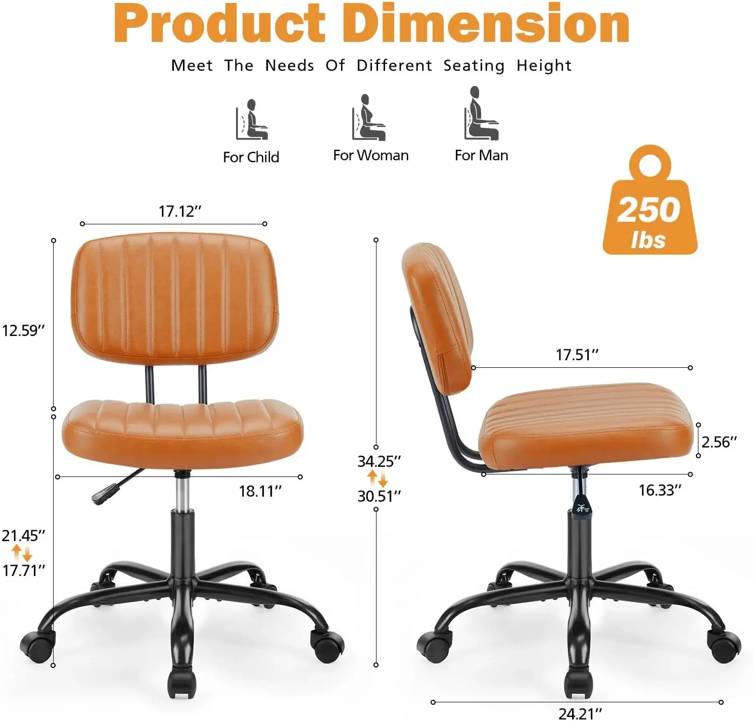 Small Office Desk Chair with Wheels Armless Comfy Computer Chair with Lumbar Support, PU Leather Low Back Adjustable Height