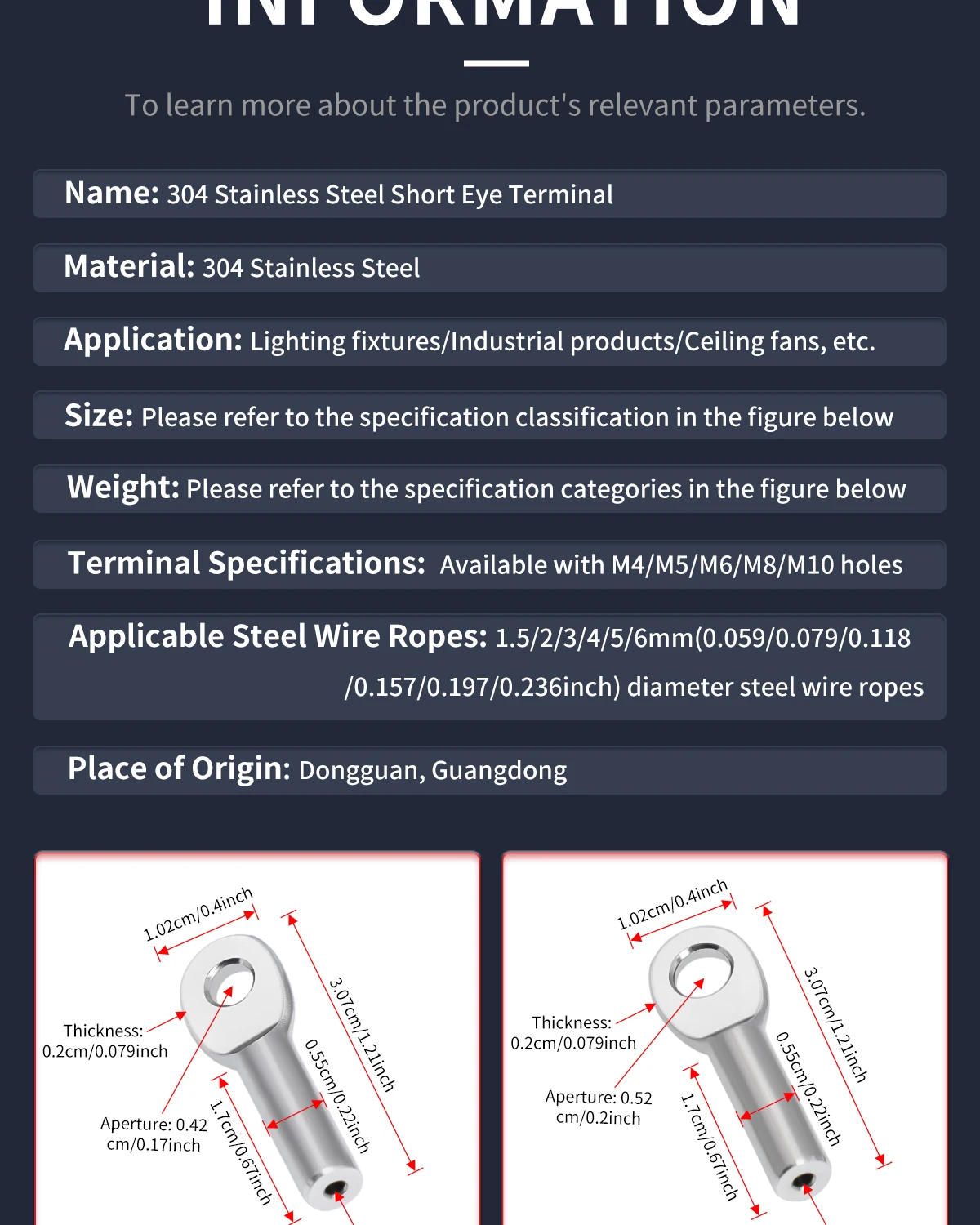 1,5-6mm 304 Edelstahl Ösen-Klemmclip, Drahtseil-Verbindungsclip, M4/M5/M6/M8/M10 Klemmterminal – Detail 9