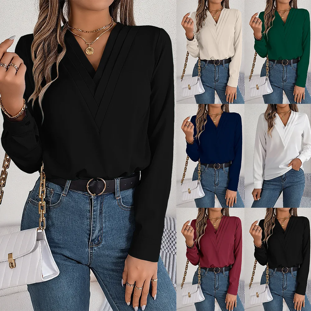 

2025 new v-neck long-sleeved shirt fashionable and sexy solid color elegant top women