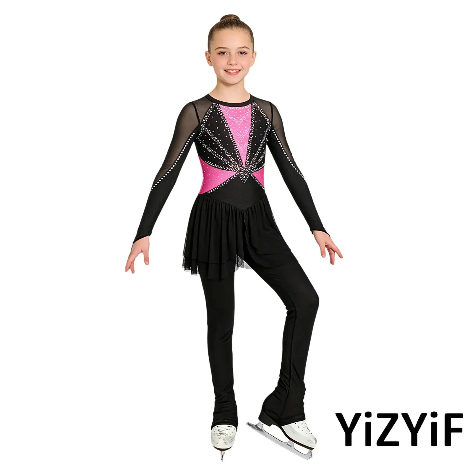 

Girls Figure Skating Skirted Jumpsuit Long Sleeve Mesh Patchwork Sparkling Rhinestone Bodysuit Kids Jazz Ballet Dance Clothing