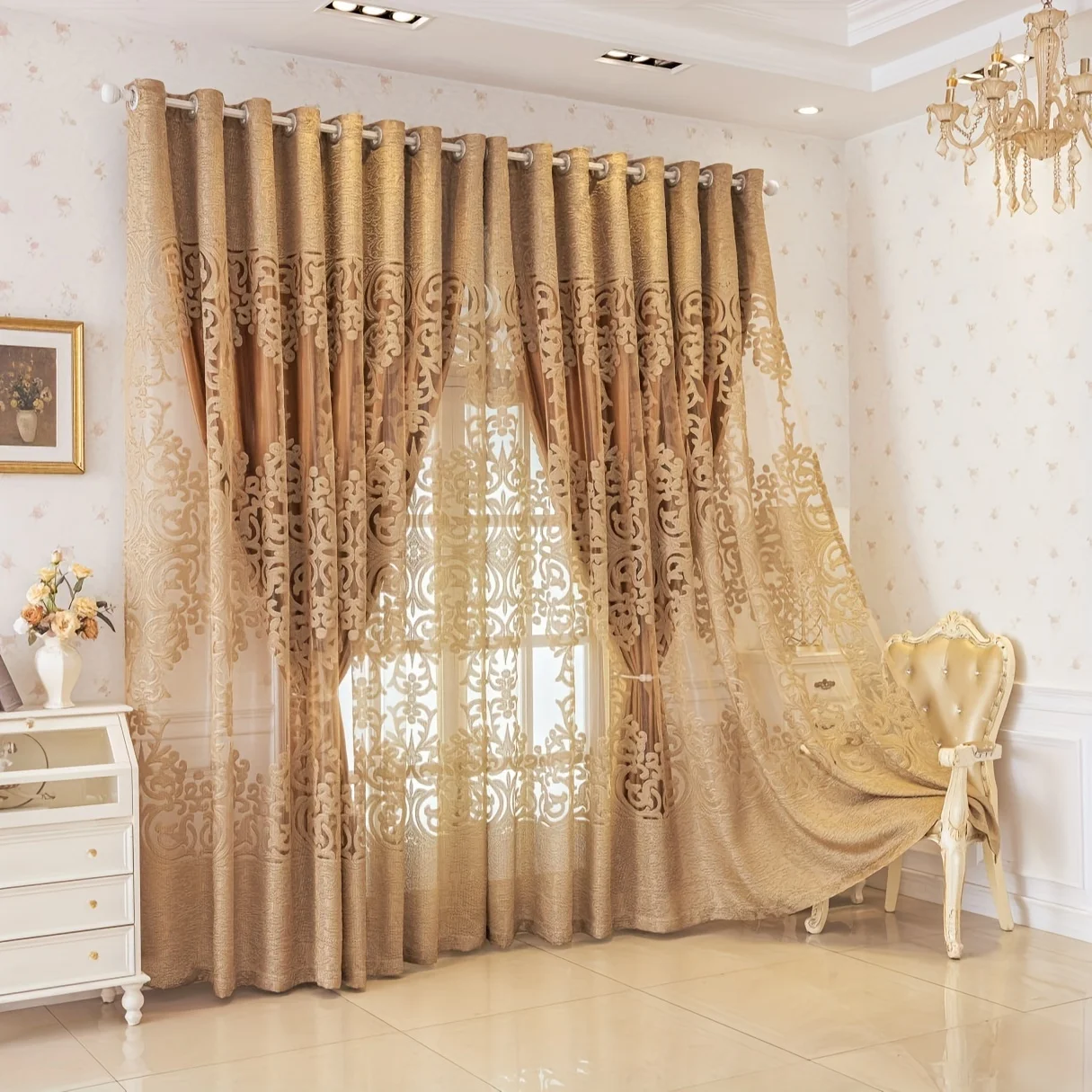 1 Stück Vollständig Lichtundurchlässiger Vorhang, Doppelschichtige Schlafzimmer-Isolierung Sonnenschutz, Wohnzimmer Bestickter Blumen-Vorhang