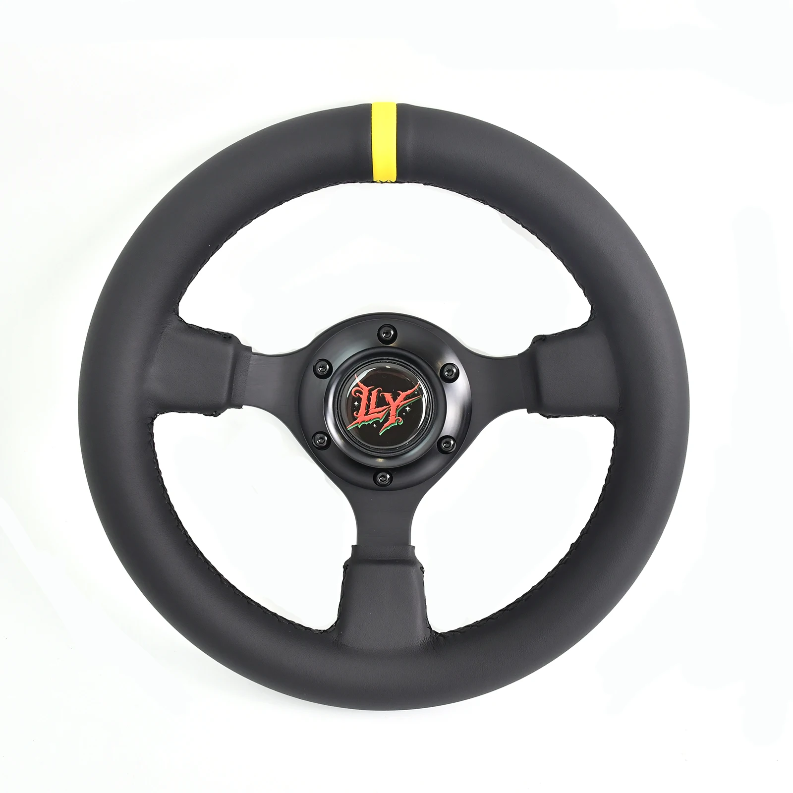 LY 280mm Leather Racing Steering Wheel Universal 3 Spoke Yellow Stripe JDM Drift Car Modification Steering Wheel With Horn