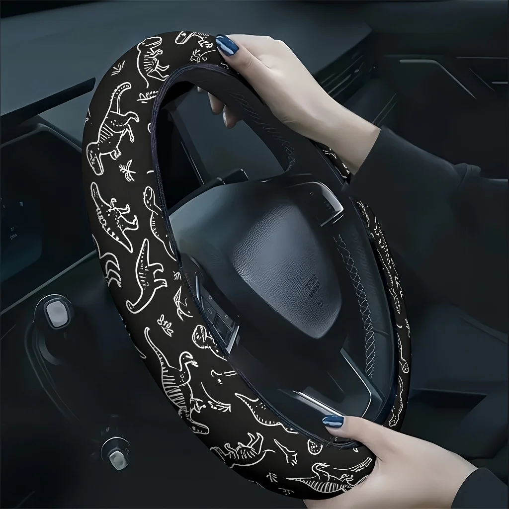 1pc Dinosaur Pattern Black And White Line Car Steering Wheel Cover, Soft And Breathable Touch, Reducing Hand Fatigue