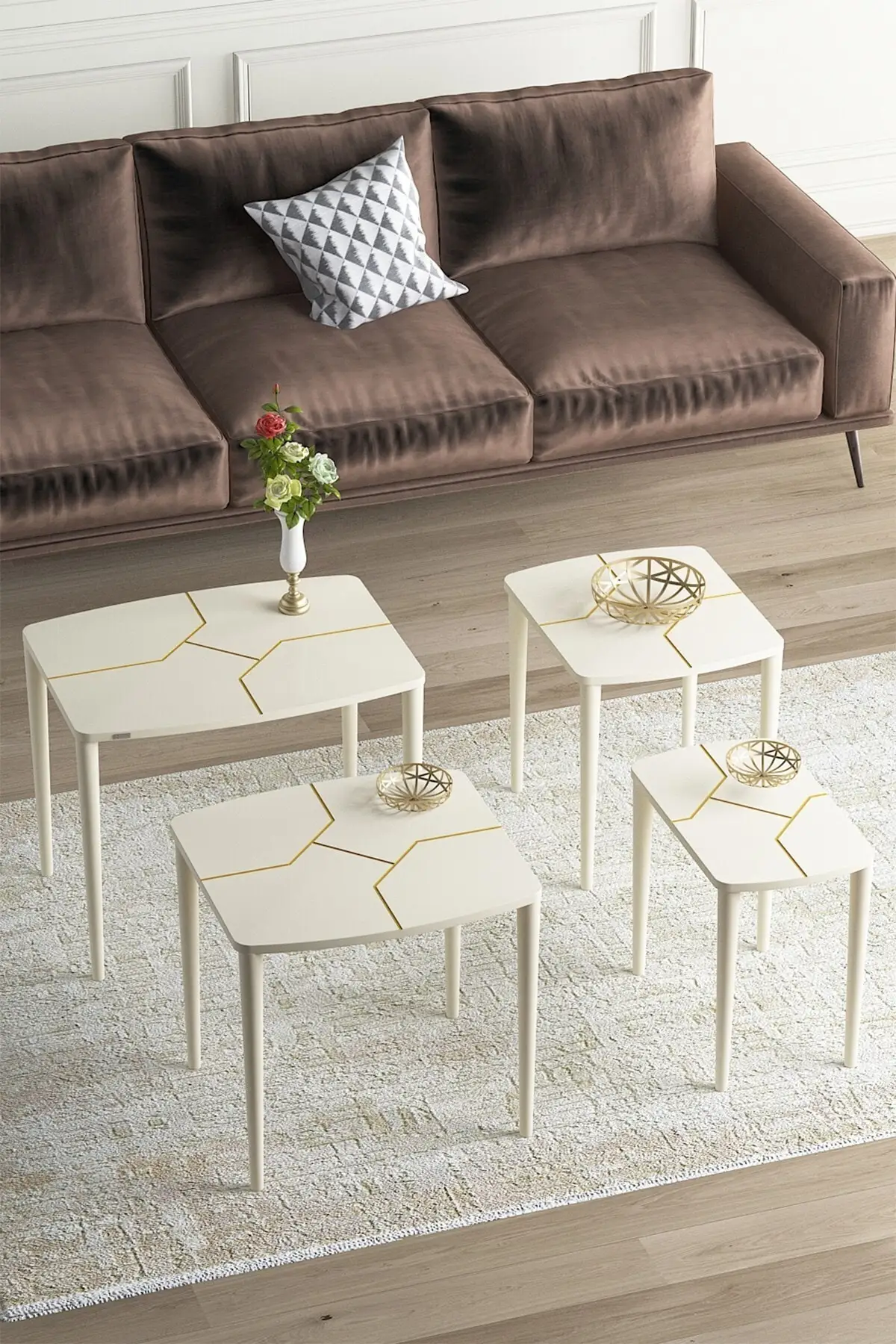 DOLBOVI Lyon Series, Top Quality Coffee Table Pad, 1. Grade Mdf 4lü Zigon Coffee Table Pad, Cream Coffee Table