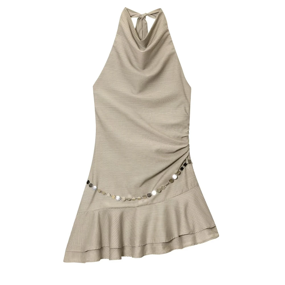 

Teen Girls Dress 2025 New Fashion Summer Halterneck Striped Belt Short Dresses for Girl Causal Chic Ladylike Girl Dress 15-18Yrs