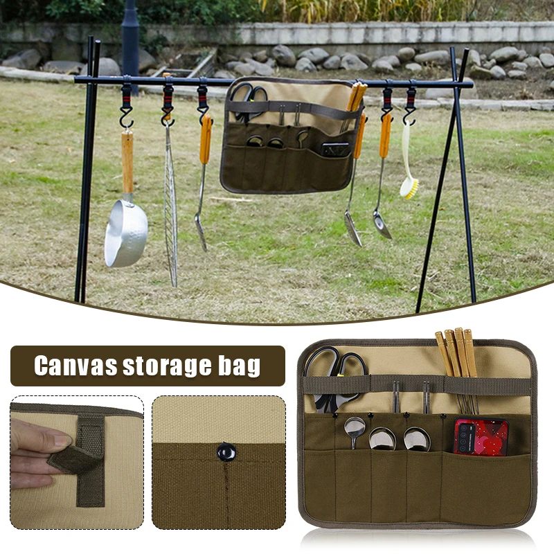 

Outdoor Picnic Tableware Storage Bag Canvas Foldable Barbecue Kitchen Cooking Camping Cutlery Hanging Bag Knives Roll Bag