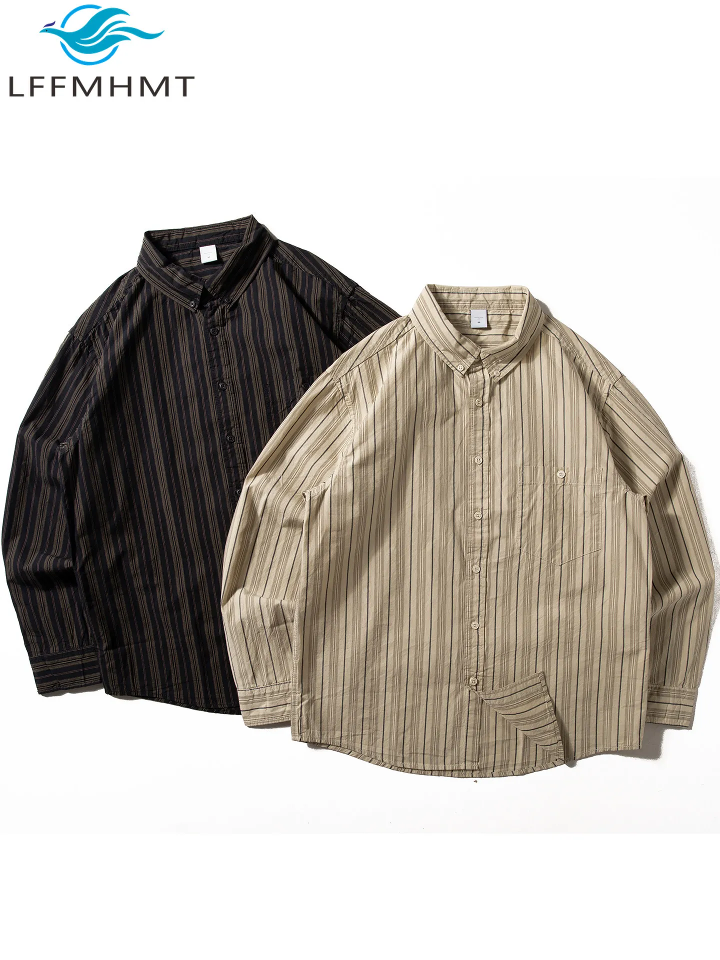 Men Striped Vintage Shirt Jacket Japanese Style Loose Casual Long Sleeve 100% Washed Cotton Button Up Layering Shirt