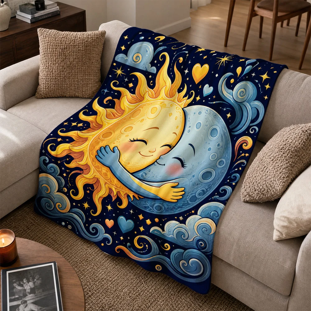 Romantic Celestial Sun Moon Embrace Throw Blanket Cozy Fleece Sofa Couch Decor Stars Gift for Living Room Winter Home