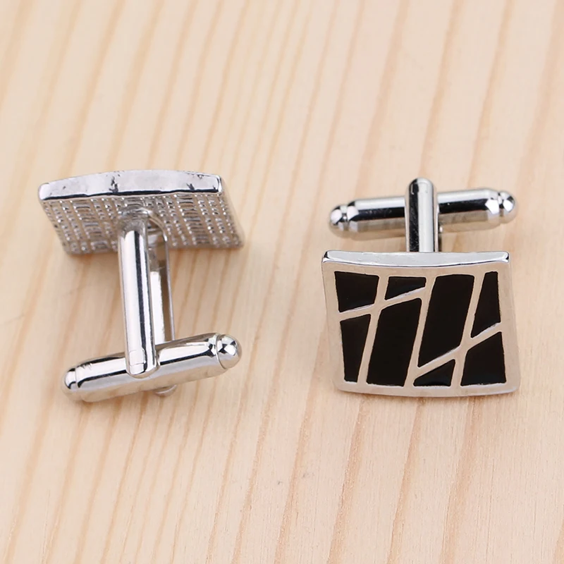 أزرار أكمام رجالي بتصميم شبكي مخطط باللون الأسود المضحك وزر أكمام على شكل مربع #4