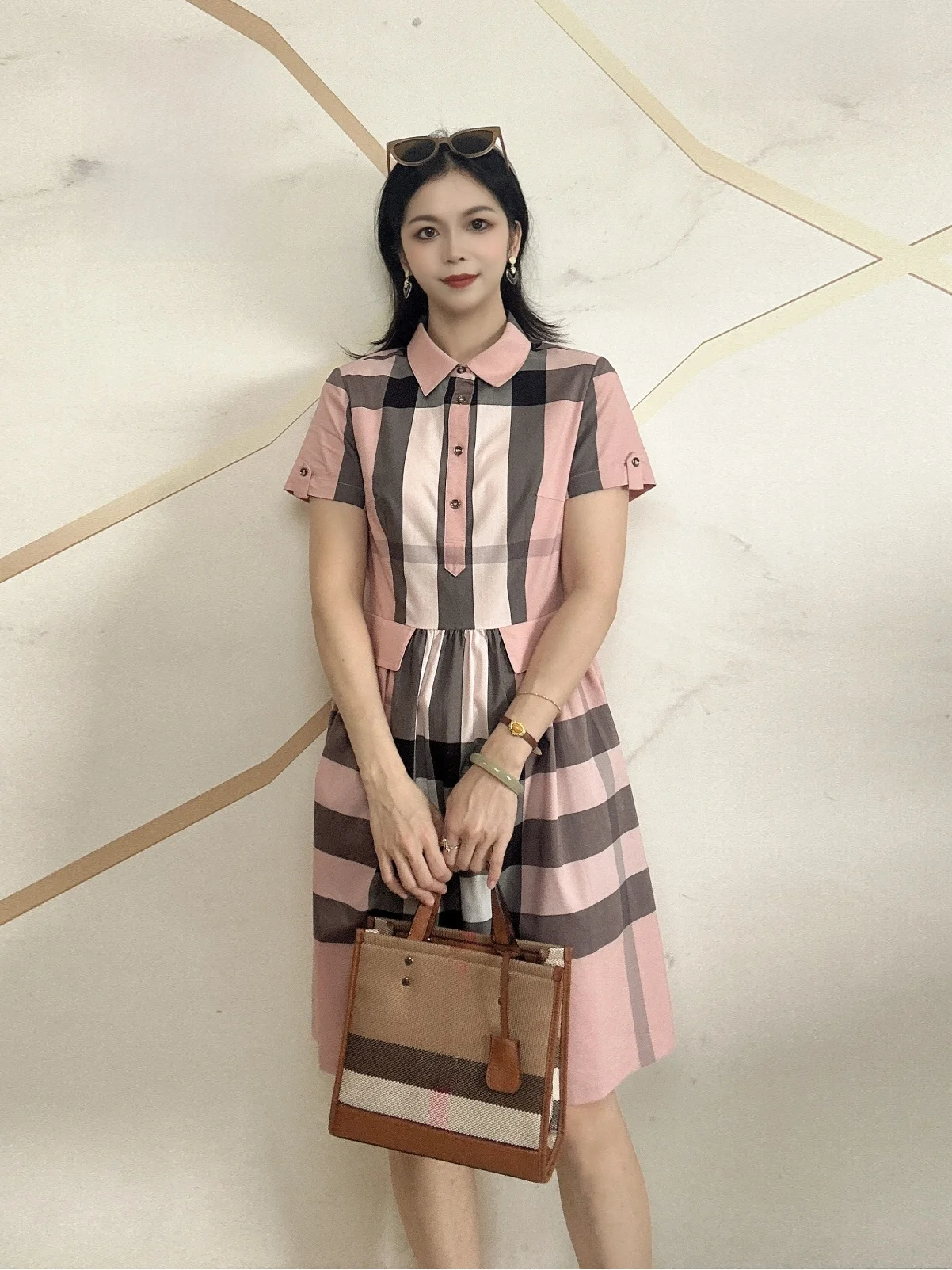 Verão novo feminino fino ajuste listrado gola irt casual versátil midi dr faionable ort sve dr para escritório