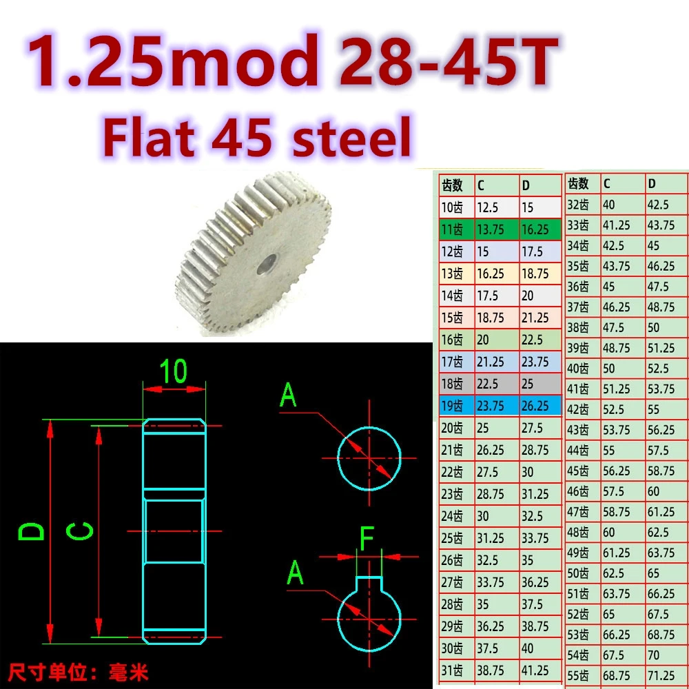 Flat 45 steel 1.25 die 28T 29t 30t 31 32 33 34 35t 36t 37t 38t 39t 40t 41t 42t 43t 44t  45teeth gear standard external spur gear