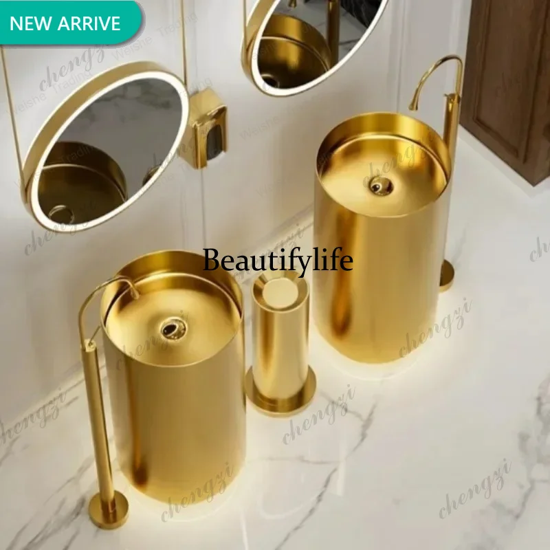 TTT PP Luxury 304 Stainless Steel Floor Type Round Column Basin Golden Floor Wash Basin Hotel Toilet Integrated Basin Bathroom S