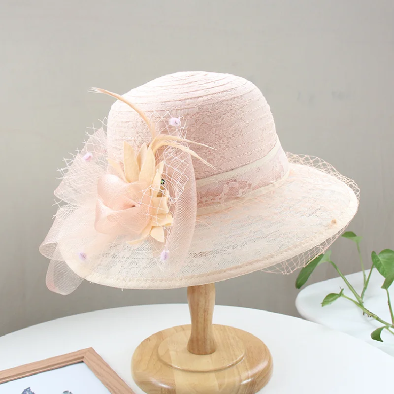 Women's Summer Face Cover Sun-proof Beach Hat Hepburn Retro Net Yarn Flowers Top Hat Dome British Lace Bucket Hat