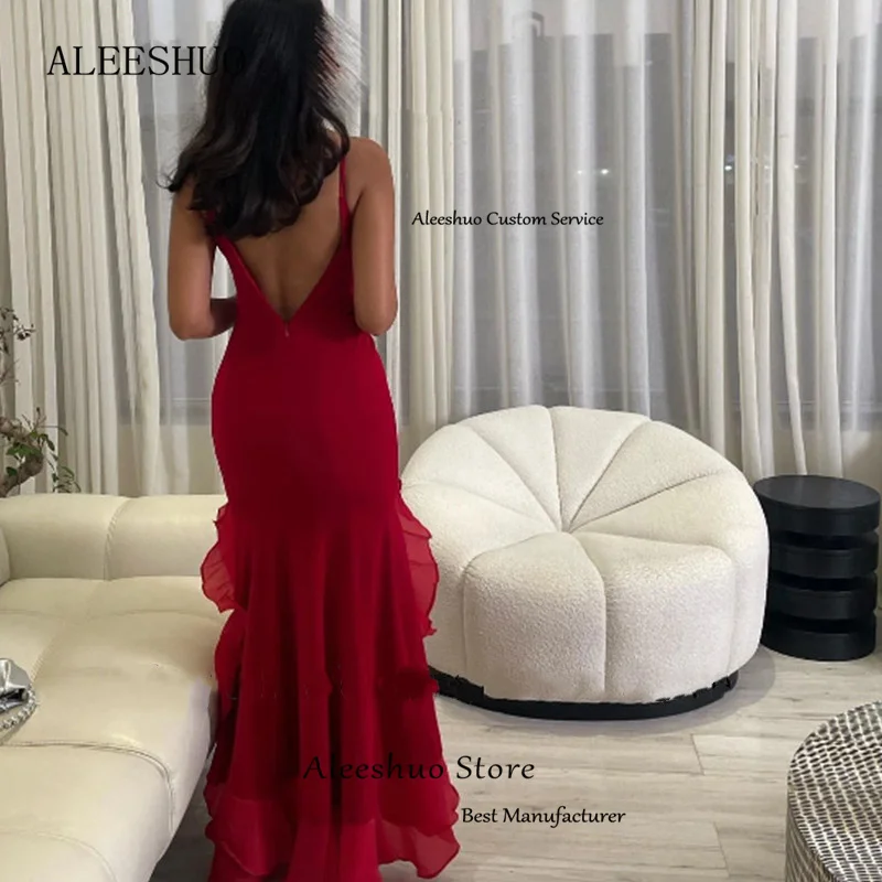 Vestido De fiesta clásico con volantes rojos, sirena, cuello redondo, Sexy, satinado, tirantes finos, sin espalda, largo hasta el suelo, personalizado, 2025