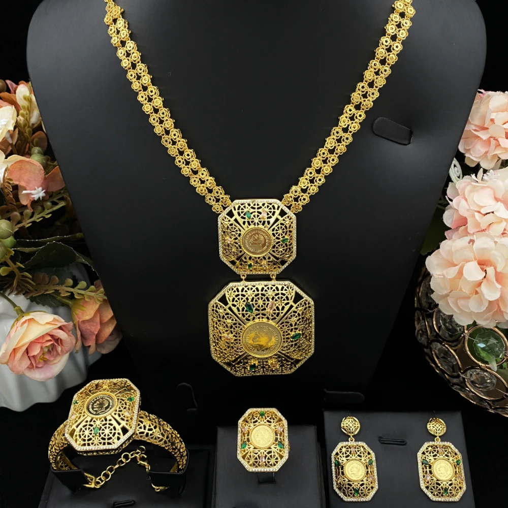 

JRH классический стиль блестящий позолоченный латунный комплект ювелирных изделий с кубическим цирконием ожерелье серьги браслет кольцо для вечерней вечеринки