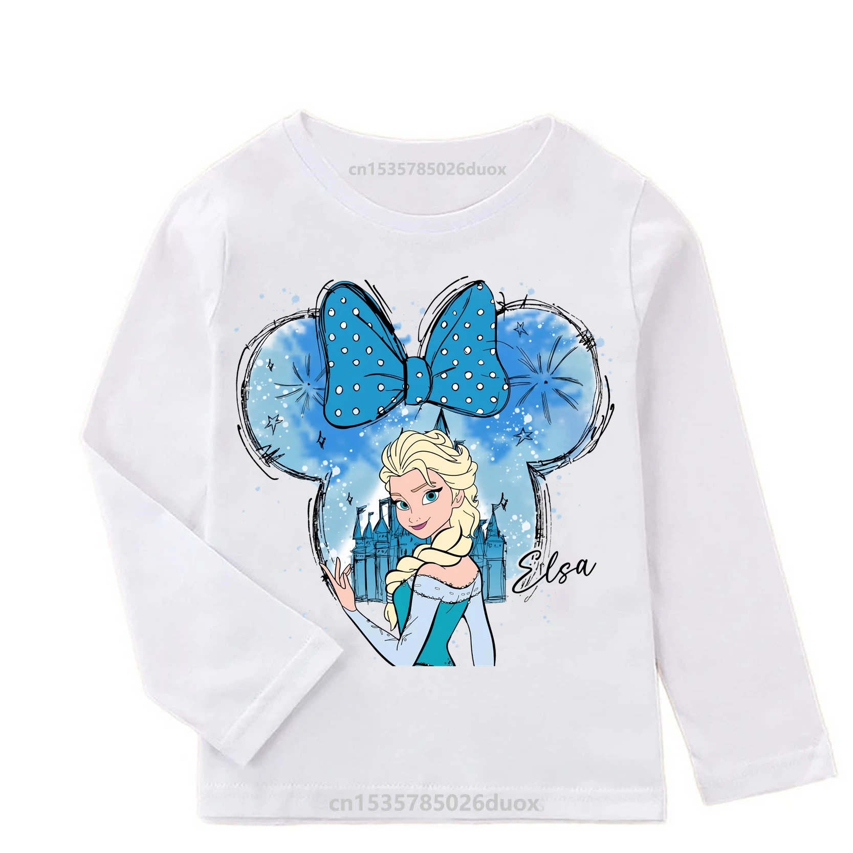 Watercolor Princess Snow White Belle Elsa Ariel with Mouse Ear Girl Long Sleeve T-Shirt Cute Disney Princess Kawaii Girl Clothes