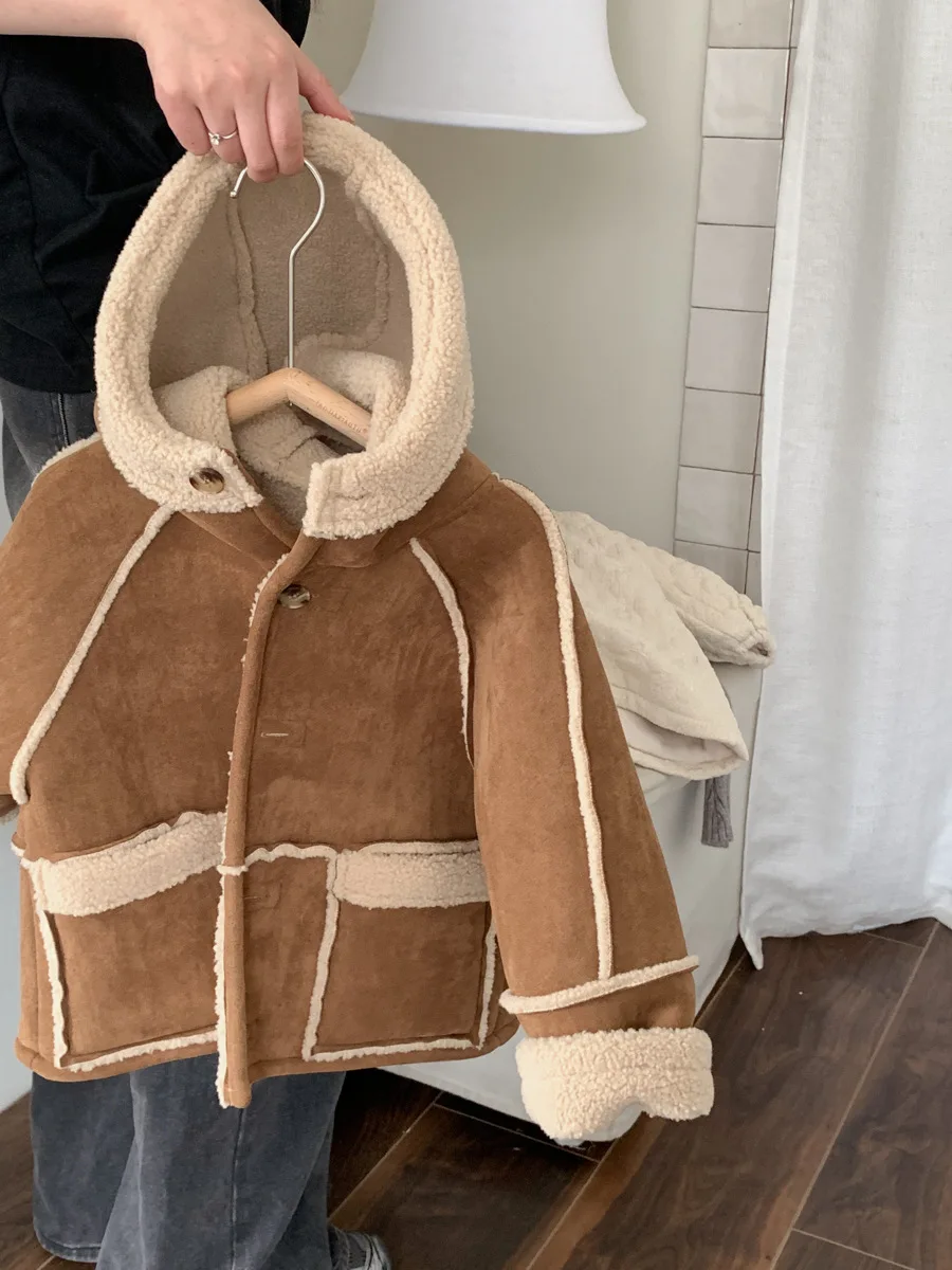 

Children's Fleece Hooded Jacket Autumn Winter Thicken Warm Suede Reversible Coat Boys Girls Leisure Outerwear 1-8Years