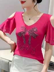 # 7202 Summer Short Sleeve T Shirt Women V-neck Bow Diamonds Sexy Off Shoulder T Shirt Skinny Streetwear Mesh Tee Korean Fashion