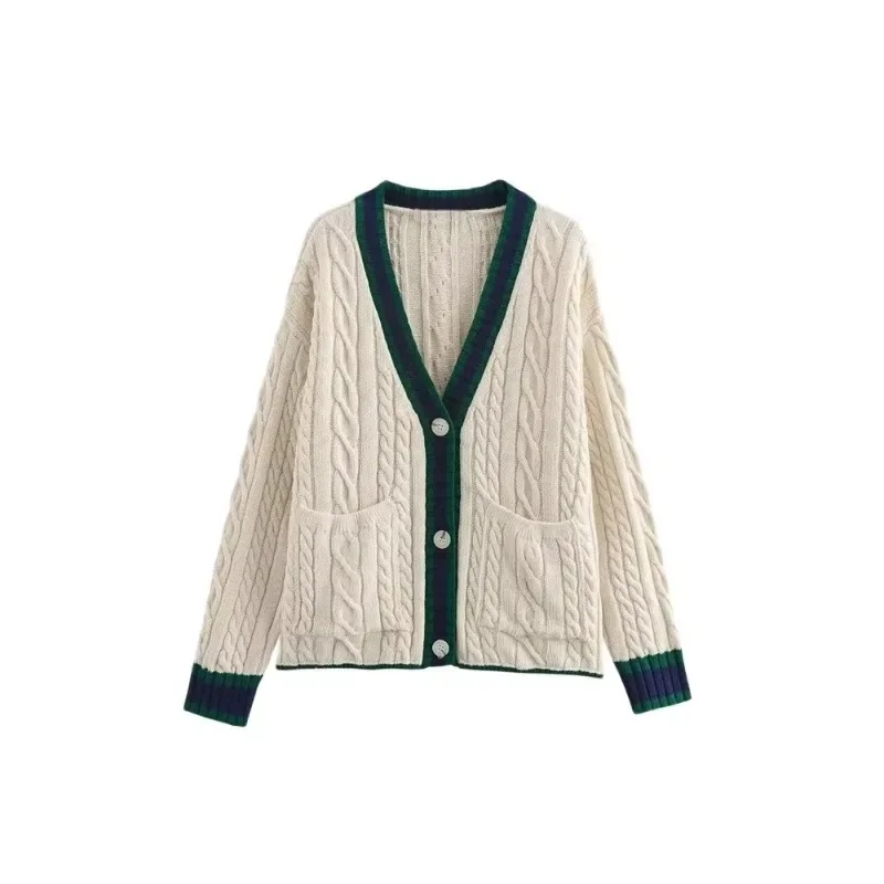 Loose Knit Women's Cardigan Sweater, Front Patch Pockets, Long Sleeve, V Neck, Female Outerwear, Chic Tops, Fashion