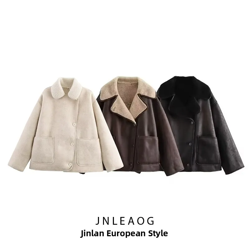 JNLEAOG otoño nueva serie Faion de mujer abrigo Intercomado de cuero y piel ajuste suelto con decoración azul tela de poliéster